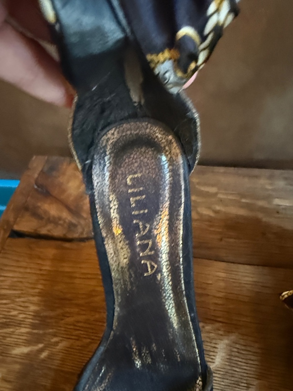 Liliana Black & Gold Scarf-Tie Wedge Sandals - Picture 7 of 10